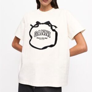 Ganni Cream Tee with Black Bow Accent